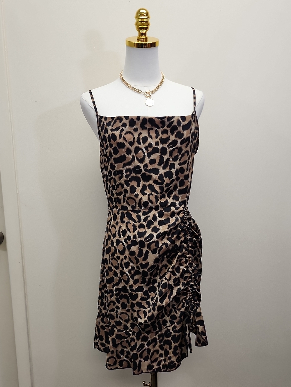 SHEIN Leopard Print Bodycon Mini Dress Ruched Spaghetti Strap Size Medium